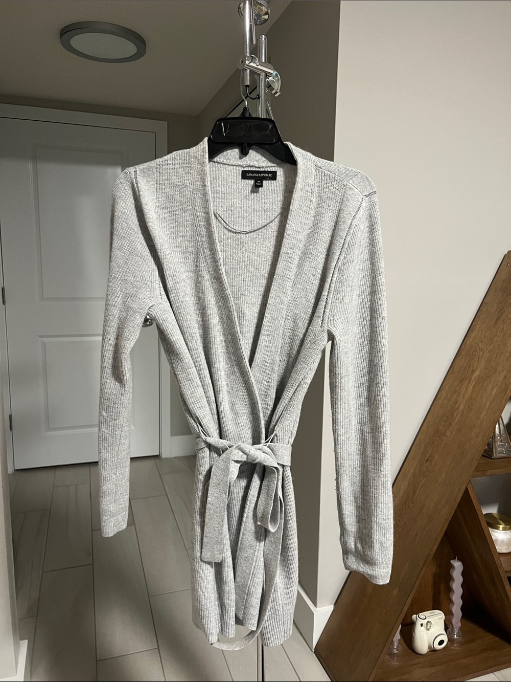 Banana Republic Light Gray Ribbed Tie-Belt Cardigan